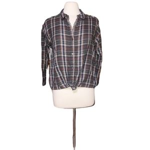 Dip S Plaid Flannel Brown Blue White Woman Button Down Shirt Top Blouse